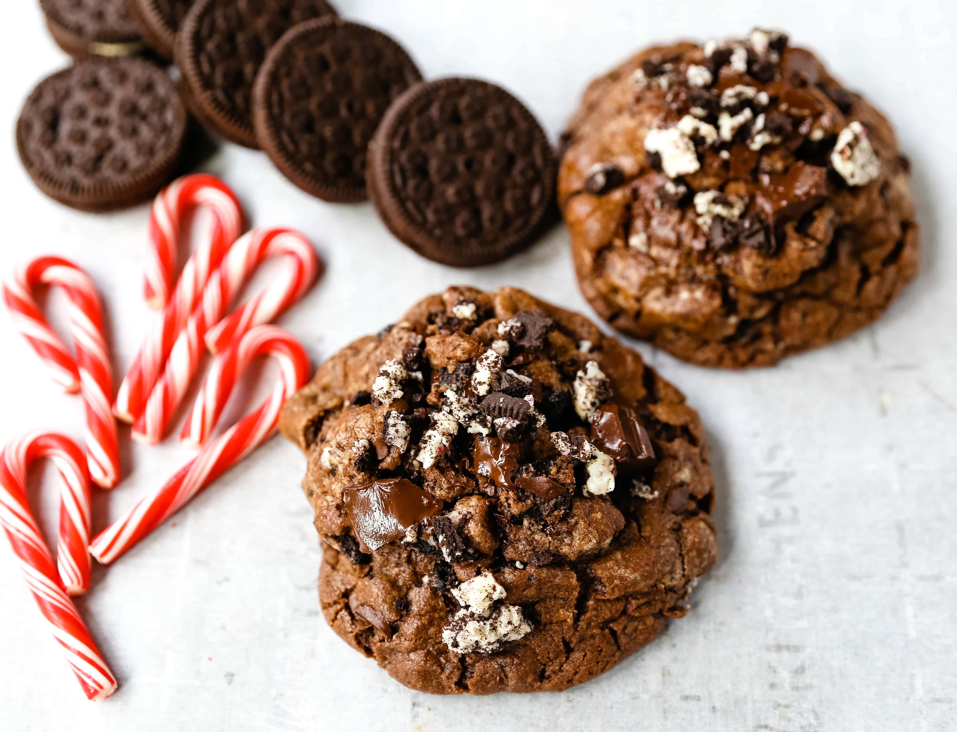Chocolate Peppermint Candy Cane Oreo Cookies.  The best chocolate peppermint cookies. Double chocolate cookies with Trader Joe's famous candy cane Joe Joe's Oreo cookies. www.modernhoney.com #chocolatecookies #chocolatepeppermint #chocolatemint #christmas #christmascookies #candycanes