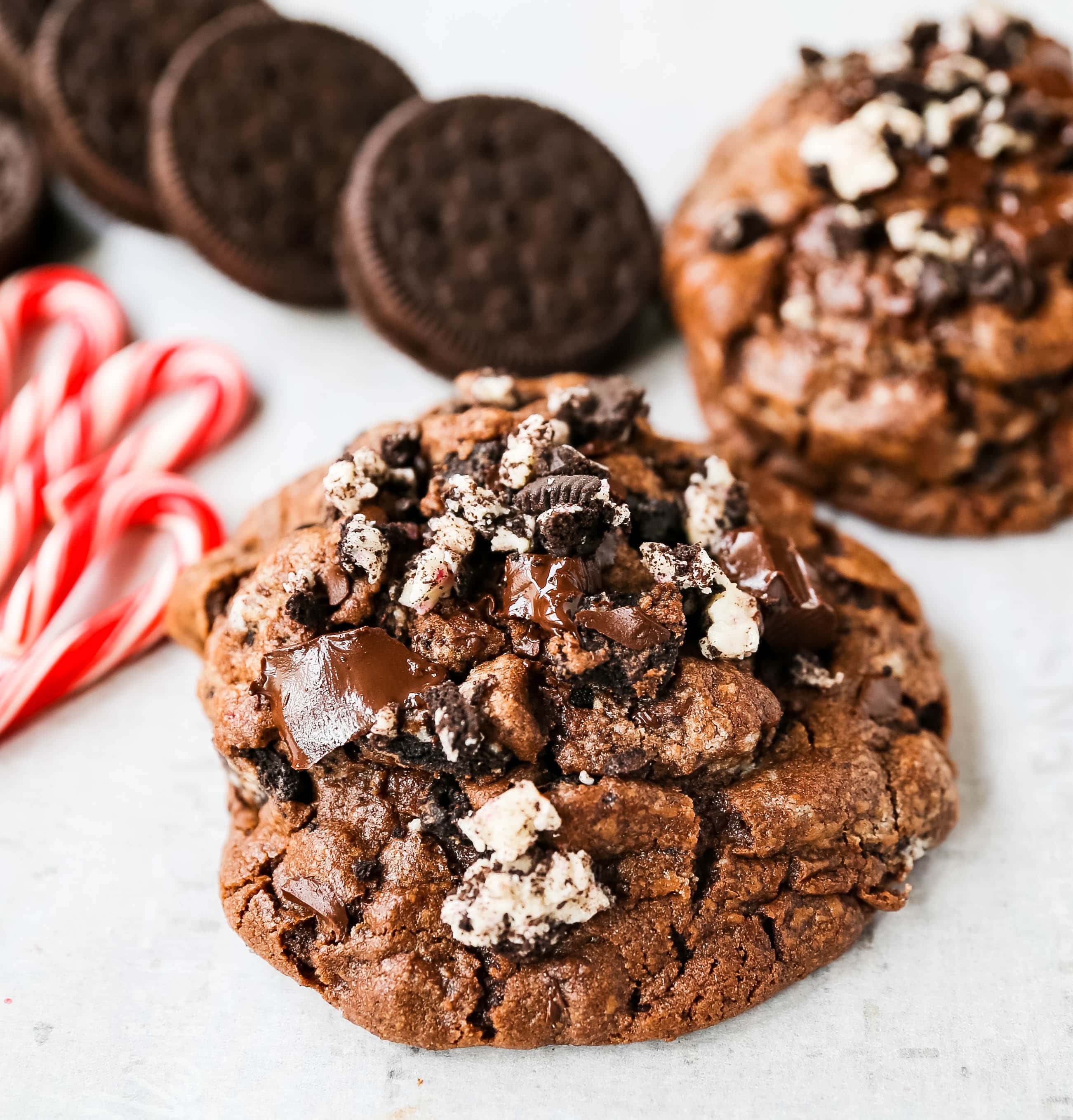 Chocolate Peppermint Candy Cane Oreo Cookies.  The best chocolate peppermint cookies. Double chocolate cookies with Trader Joe's famous candy cane Joe Joe's Oreo cookies. www.modernhoney.com #chocolatecookies #chocolatepeppermint #chocolatemint #christmas #christmascookies #candycanes 