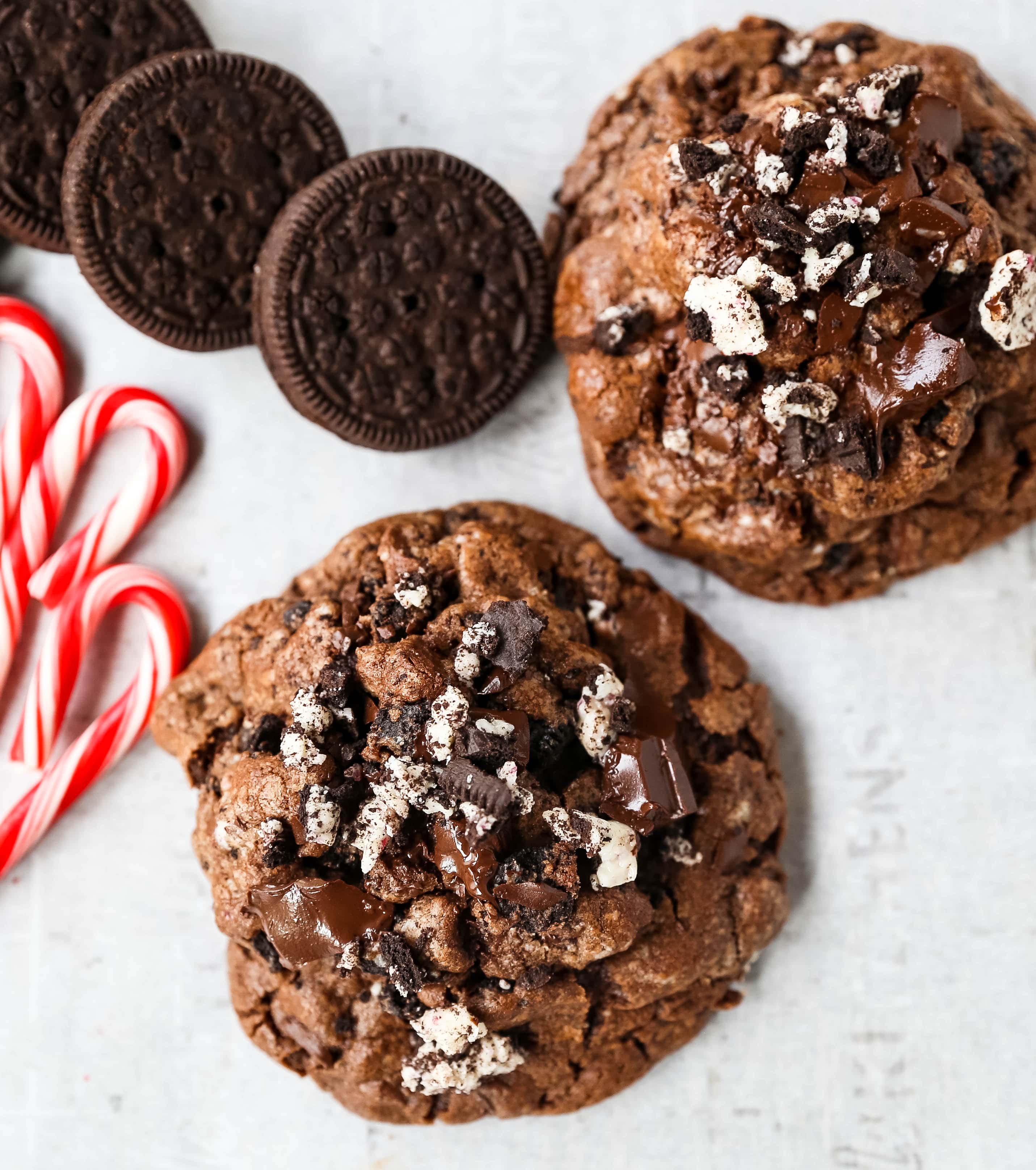 Chocolate Peppermint Candy Cane Oreo Cookies.  The best chocolate peppermint cookies. Double chocolate cookies with Trader Joe's famous candy cane Joe Joe's Oreo cookies. www.modernhoney.com #chocolatecookies #chocolatepeppermint #chocolatemint #christmas #christmascookies #candycanes