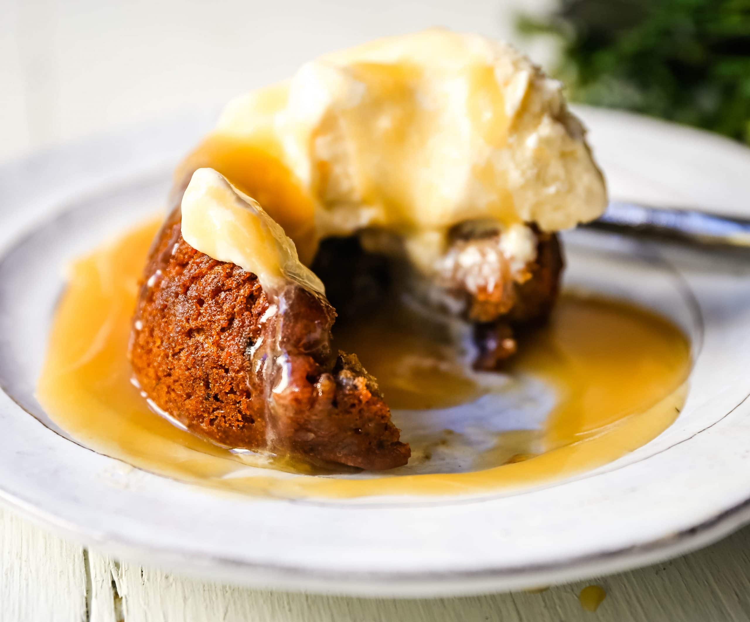 Sticky Toffee Pudding. A famous English dessert with a moist sponge cake covered in a homemade caramel toffee sauce and vanilla ice cream. The perfect Christmas dessert or holiday dessert recipe. A Christmas traditional dessert. www.modernhoney.com #stickytoffeepudding #toffeepudding #stickypudding #datecake