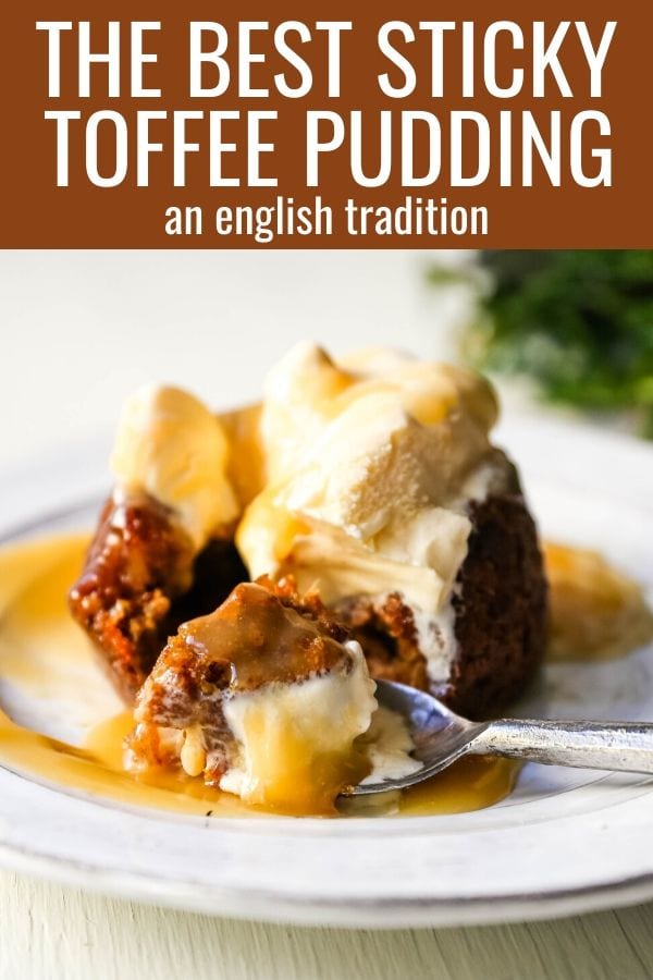 Sticky Toffee Pudding. A famous English dessert with a moist sponge cake covered in a homemade caramel toffee sauce and vanilla ice cream. The perfect Christmas dessert or holiday dessert recipe. A Christmas traditional dessert. www.modernhoney.com #stickytoffeepudding #toffeepudding #stickypudding #datecake