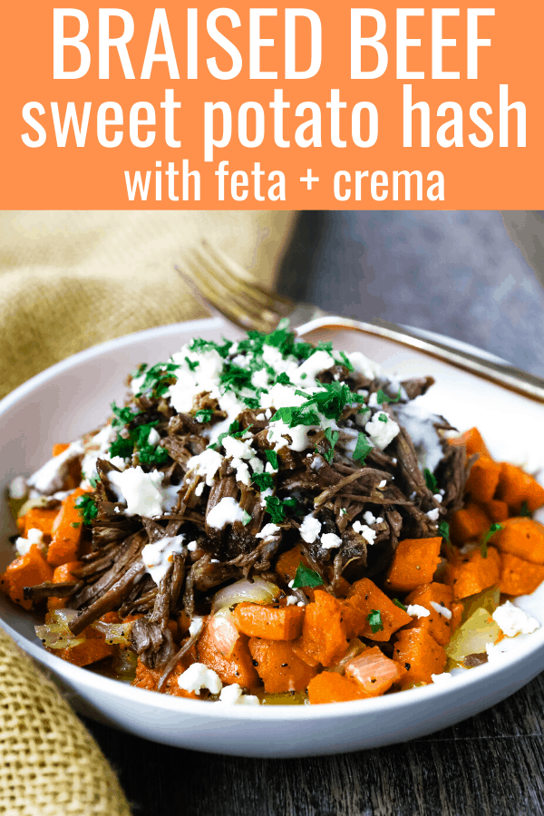 Braised Beef and Sweet Potato Hash Bowl. Tender braised beef on top of a sweet potato onion hash and topped with feta cheese and herbs. www.modernhoney.com #bowl #bowls #dinner