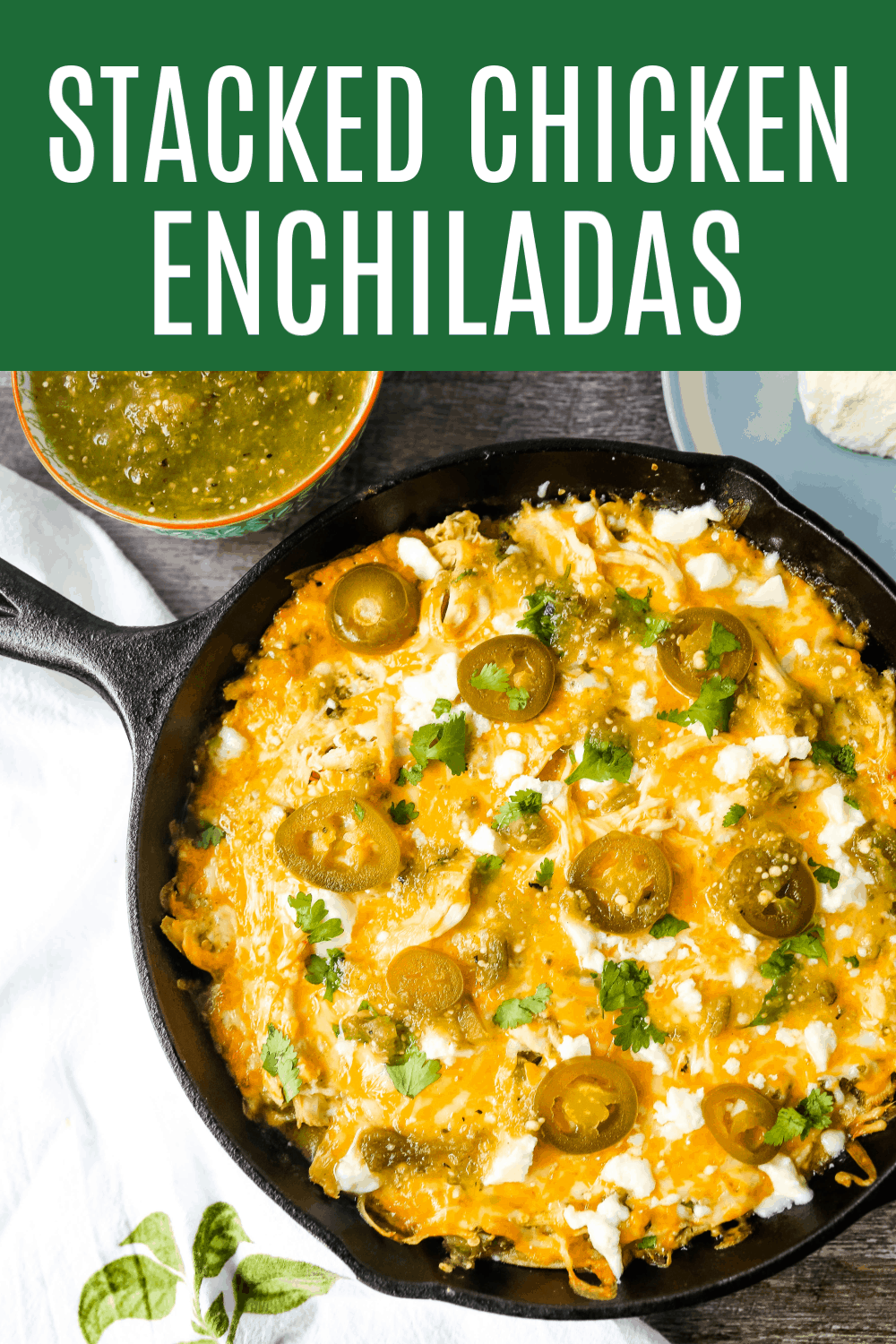 Chicken Stacked Enchiladas Quick and easy stacked chicken enchiladas with salsa verde and Mexican cheeses. Authentic Mexican chicken enchiladas that can be thrown together in a snap! The best stacked chicken enchiladas recipe. www.modernhoney.com #enchiladas #mexicanfood #chicken #chickenenchiladas