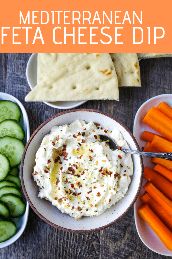 Mediterranean Creamy Feta Cheese Dip A creamy feta cheese dip with extra-virgin olive oil, feta cheese, cream cheese, garlic, fresh lemon zest, and red chili flakes. www.modernhoney.com #dip #dips #appetizer #appetizers #fetadip #fetacheesedip #superbowl