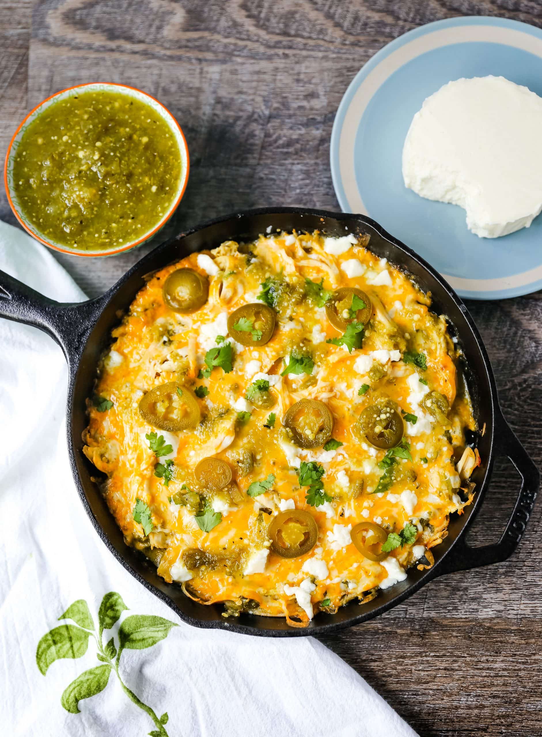 Chicken Stacked Enchiladas Quick and easy stacked chicken enchiladas with salsa verde and Mexican cheeses. Authentic Mexican chicken enchiladas that can be thrown together in a snap! The best stacked chicken enchiladas recipe. www.modernhoney.com #enchiladas #mexicanfood #chicken #chickenenchiladas