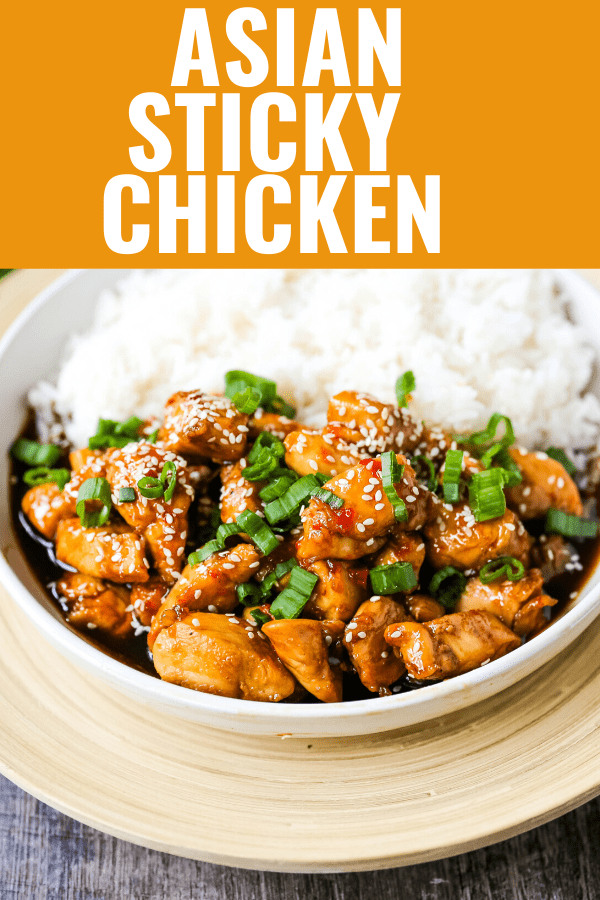 Asian Sticky Chicken Tender chicken sauteed in a sticky sweet and tangy Asian sauce served with creamy coconut rice. A quick and easy 20-minute dinner! www.modernhoney.com #asianfood #chinesefood #stickychicken #chicken