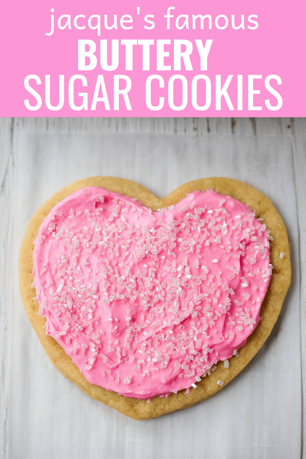 Jacque's Buttery Sugar Cookies. Homemade buttery sugar cookies with sweet buttercream frosting. The perfect frosted sugar cookie recipe! www.modernhoney.com #sugarcookies #buttercookies #buttersugarcookies #heartcookies #valentinesday #valentinesdaycookies