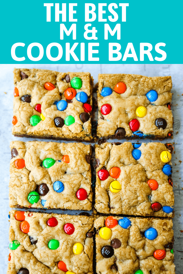 M & M Cookie Bars Soft chewy brown sugar M & M blondie cookie bars. The best M & M Cookie Bars recipe! www.modernhoney.com #bars #dessertbars #chocolatechipcookiebars