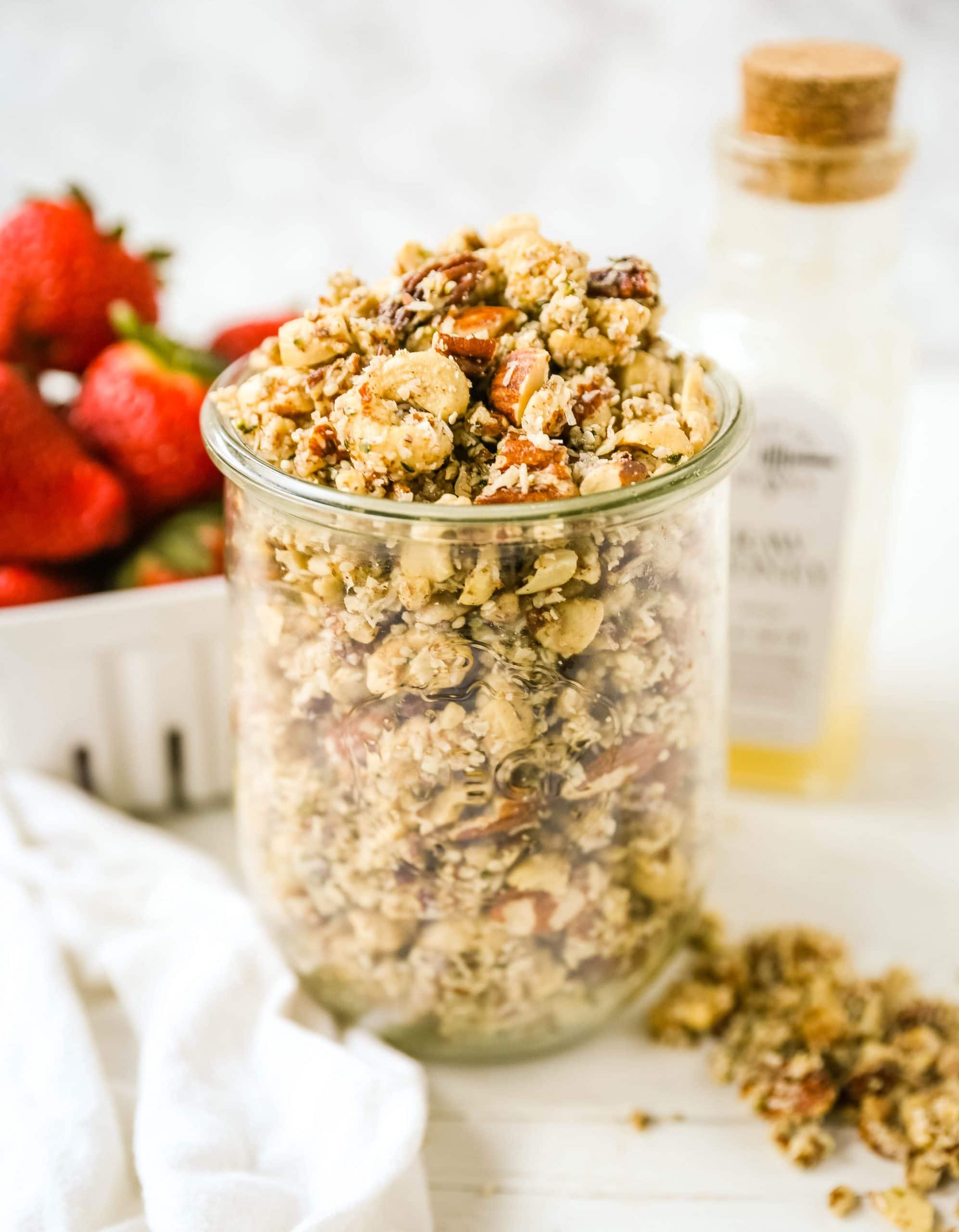 Nutty Coconut Granola Almonds, cashews, walnuts, pecans, coconut, hemp seeds, unsweetened coconut flakes, coconut oil, and honey make this an all-natural snack. www.modernhoney.com #granola #nuttygranola #snack #healthy