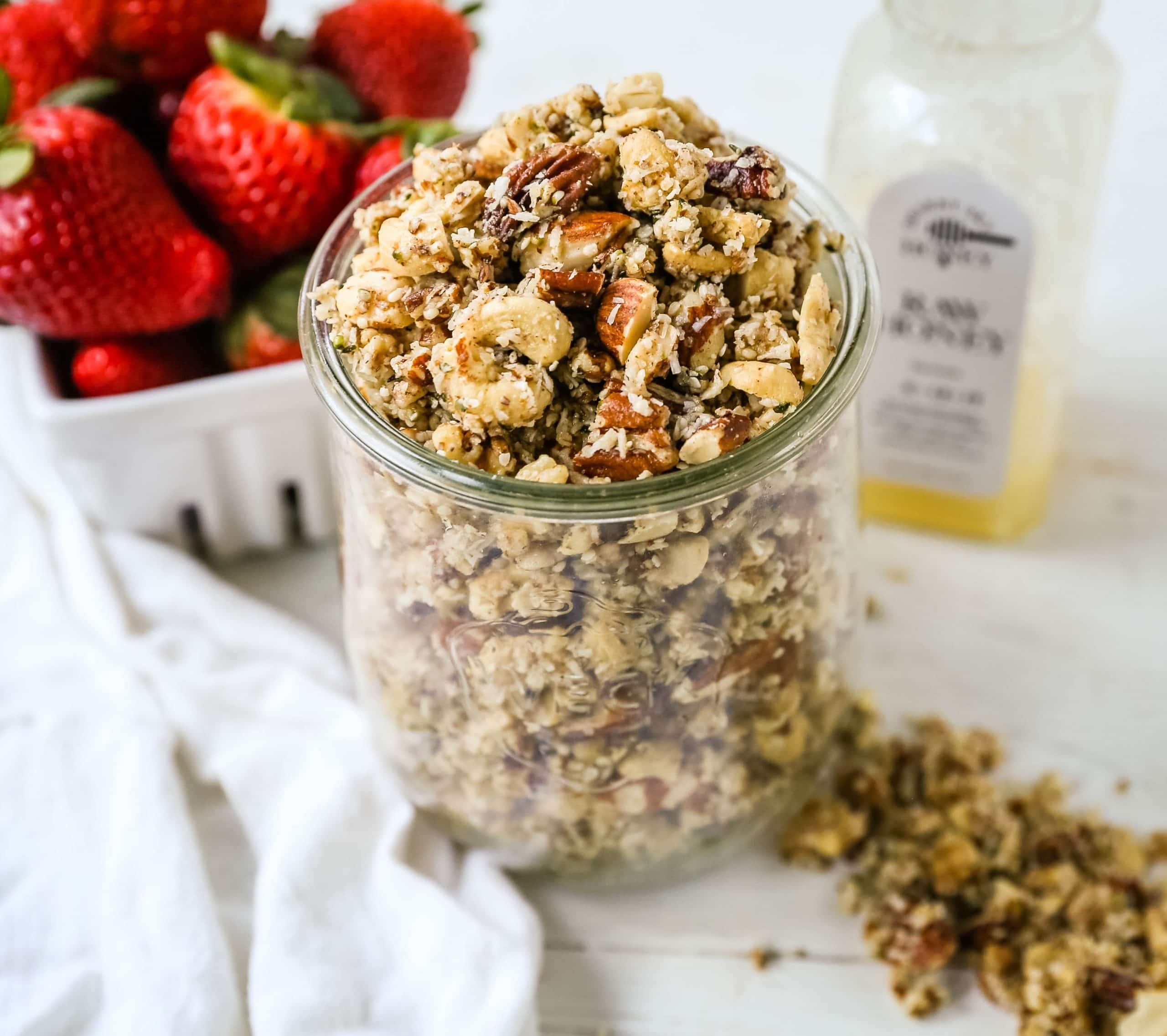 Nutty Coconut Granola Almonds, cashews, walnuts, pecans, coconut, hemp seeds, unsweetened coconut flakes, coconut oil, and honey make this an all-natural snack. www.modernhoney.com #granola #nuttygranola #snack #healthy