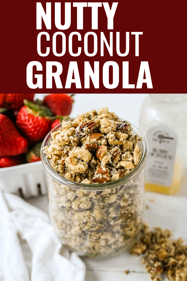 Nutty Coconut Granola Almonds, cashews, walnuts, pecans, coconut, hemp seeds, unsweetened coconut flakes, coconut oil, and honey make this an all-natural snack. www.modernhoney.com #granola #nuttygranola #snack #healthy