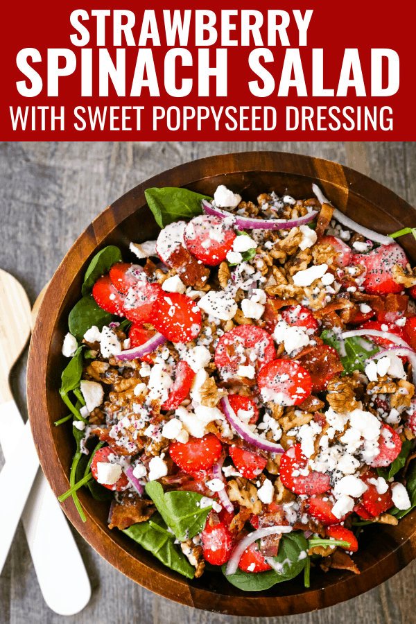 Strawberry Spinach Salad with Poppyseed Dressing Fresh spinach, sliced strawberries, feta cheese, crispy bacon, walnuts, and red onion in a sweet homemade poppyseed dressing. www.modernhoney.com #salad #salads #spinachsalad