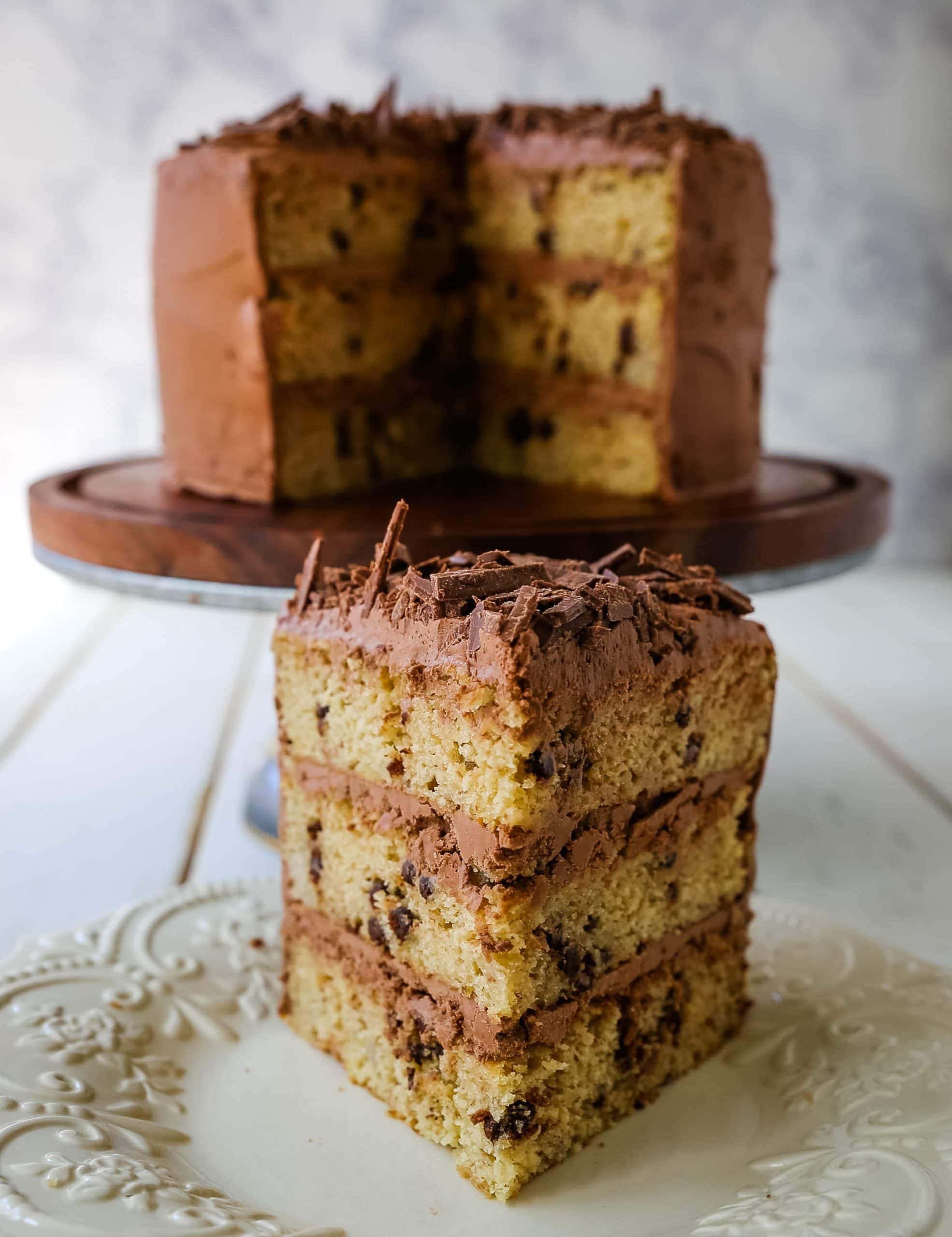 Banana Chocolate Chip Cake with Nutella Frosting. Moist banana cake studded with mini chocolate chips and topped with rich Nutella chocolate frosting. #banana #bananacake #bananachocolate #nutella