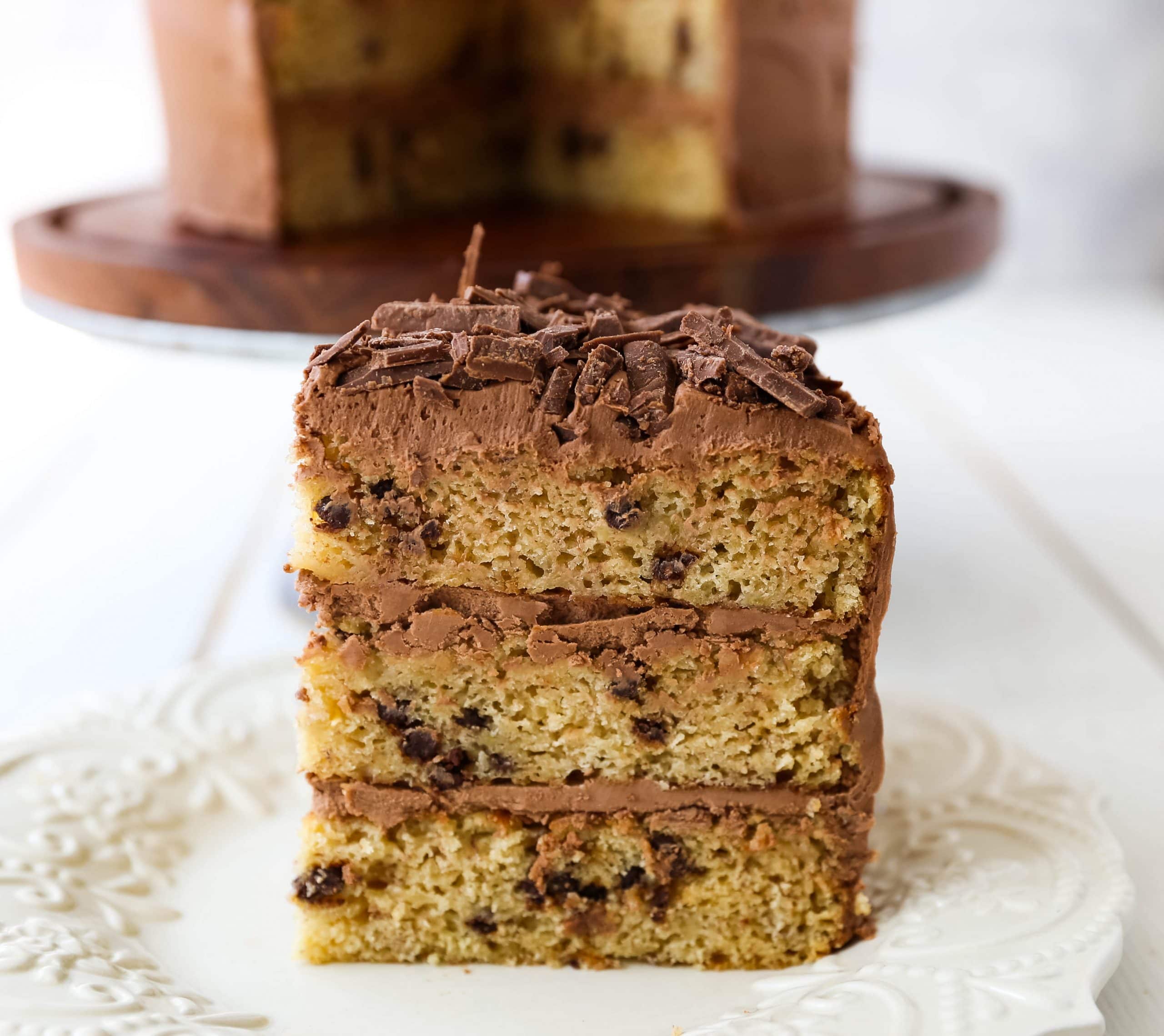 Banana Chocolate Chip Cake with Nutella Frosting. Moist banana cake studded with mini chocolate chips and topped with rich Nutella chocolate frosting. #banana #bananacake #bananachocolate #nutella