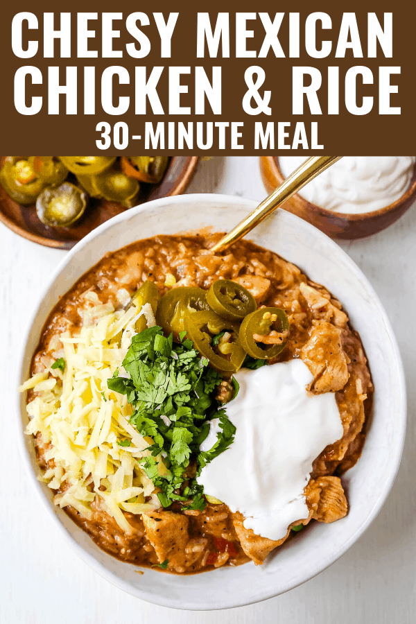 Cheesy Mexican Chicken and Rice Skillet Mexican chicken with green chilies, tomatoes, Mexican spices, rice, and cheese. An easy 30-minute dinner recipe! www.modernhoney.com #skilletdinner #30minutemeal #30minutedinner #mexicanfood #mexican