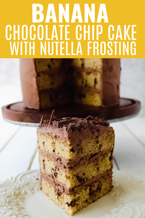 Banana Chocolate Chip Cake with Nutella Frosting. Moist banana cake studded with mini chocolate chips and topped with rich Nutella chocolate frosting. #banana #bananacake #bananachocolate #nutella