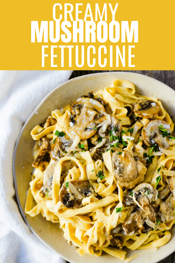 Creamy Mushroom Fettuccine. Sauteed mushrooms in a creamy parmesan cheese alfredo sauce tossed with fettuccine noodles. #mushrooms #fettuccine #mushroomfettuccinealfredo #mushroompasta