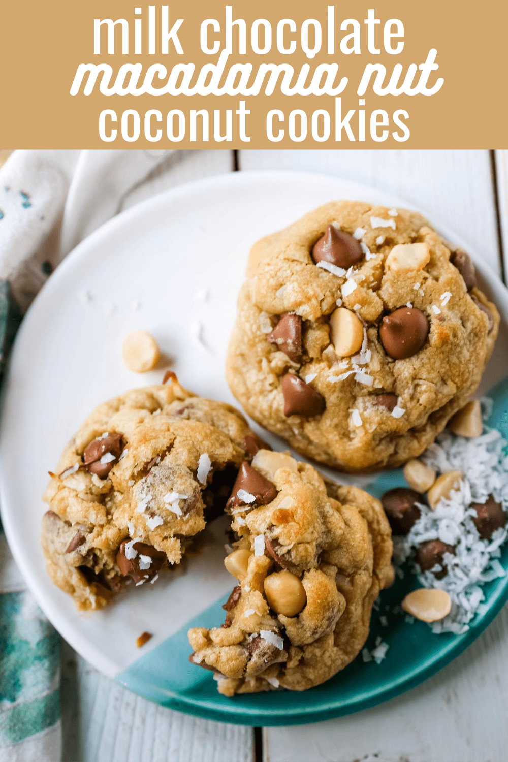 Milk Chocolate Chip Macadamia Nut Coconut Cookies Thick soft and chewy bakery-style milk chocolate chip macadamia nut coconut cookies are an Island favorite!  www.modernhoney.com #cookies #chocolatechipmacadamianut