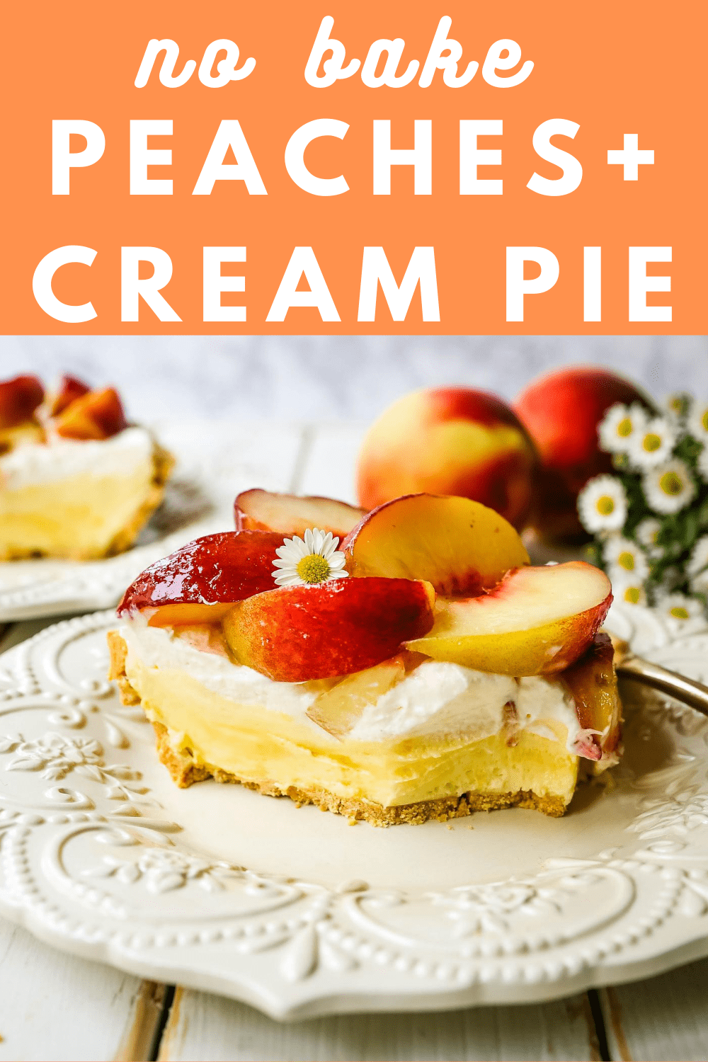 Peaches and Cream Pie. A quick and easy no-bake creamy peach pie with a buttery graham cracker crust, a sweet custard filling, fresh whipped cream, and sliced peaches.  www.modernhoney.com #pie #nobakedessert #nobakepie #peachdessert #peaches #peach