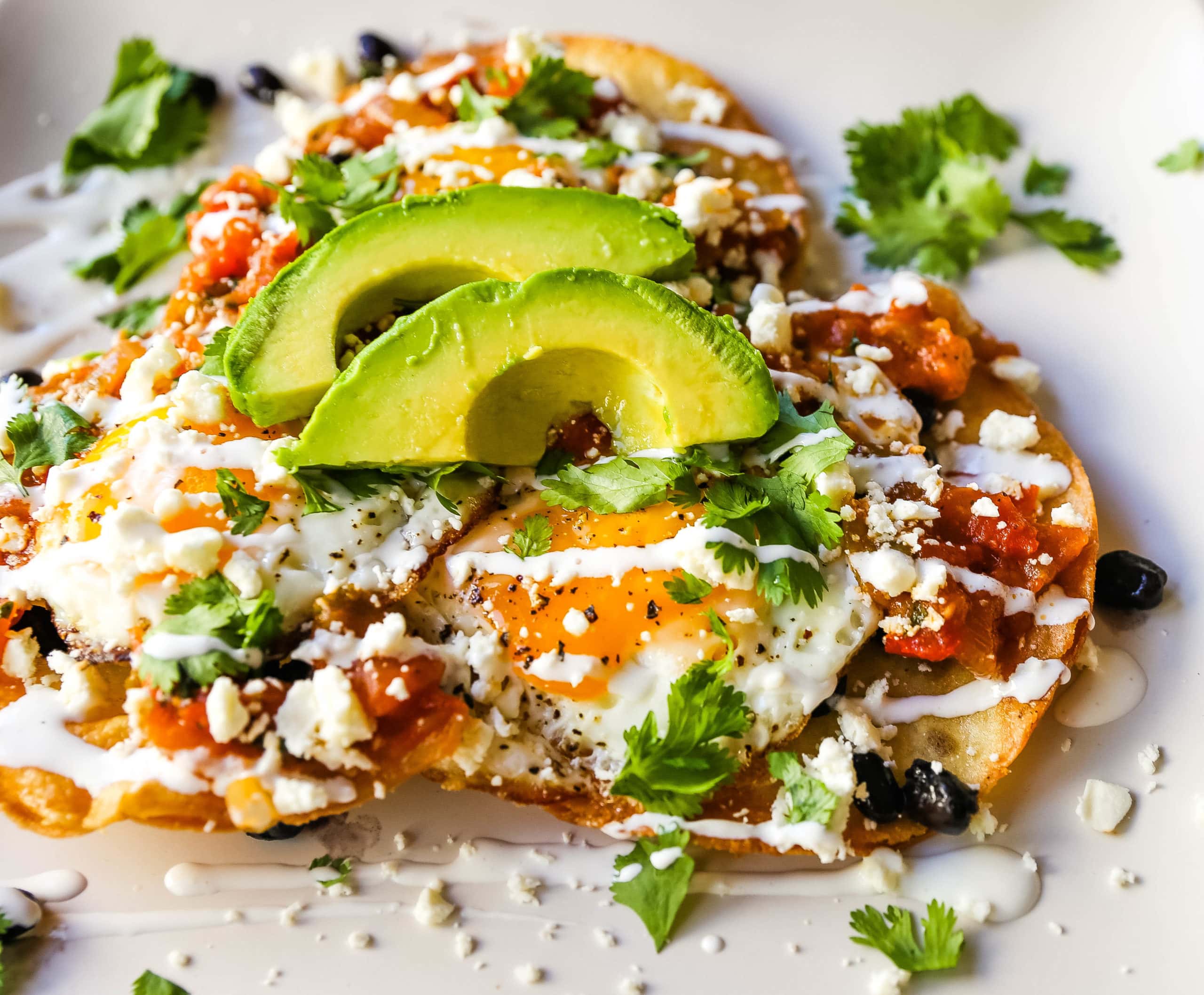 Huevos Rancheros. A traditional Mexican breakfast dish made with fried corn tortillas, fried egg, ranchera salsa, beans, avocado, cheese, and salsa.  #huevosrancheros #mexican #mexicanfood #breakfast