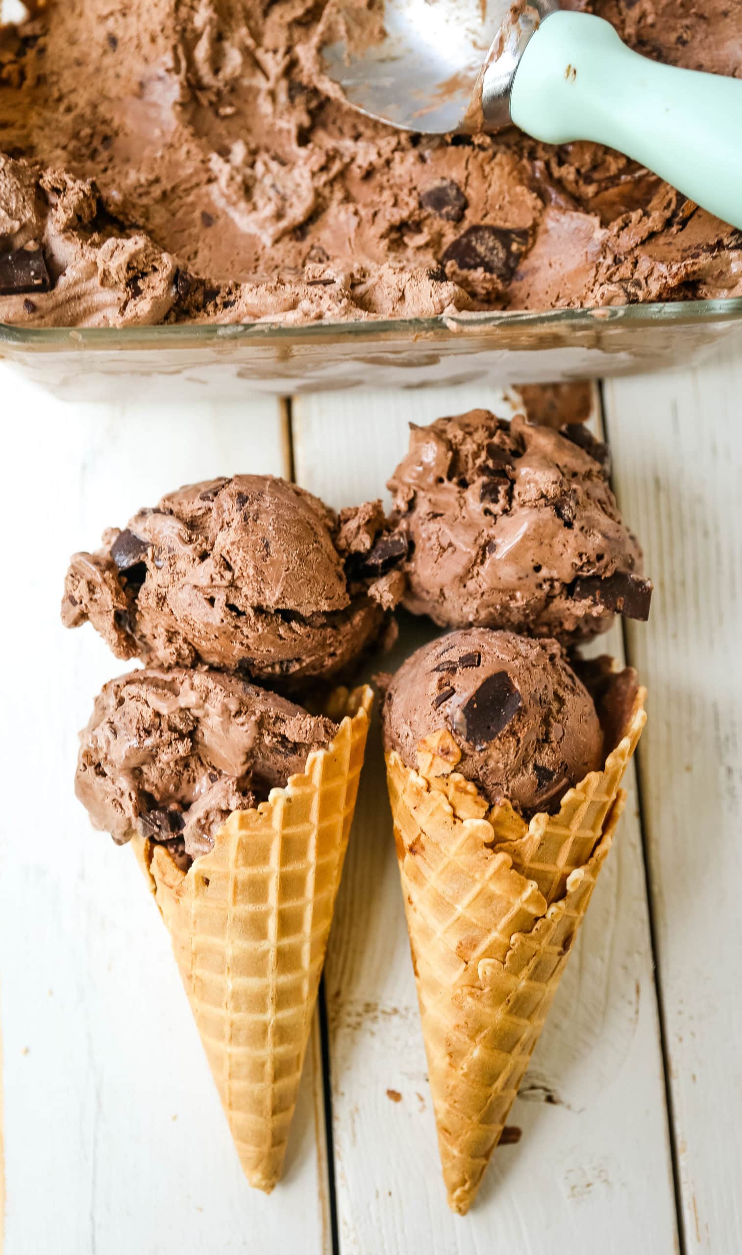 This easy No-Churn Chocolate Ice Cream is rich, creamy, and loaded with chocolate chunks — no ice cream maker needed. Just 5 ingredients and a few hours in the freezer for the best homemade chocolate ice cream.