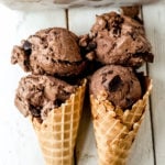 No-Churn Chocolate Chunk Ice Cream. How to make rich, creamy chocolate chunk ice cream at home without an ice cream maker! Homemade chocolate ice cream has never been easier! #icecream #nochurnicecream #chocolateicecream