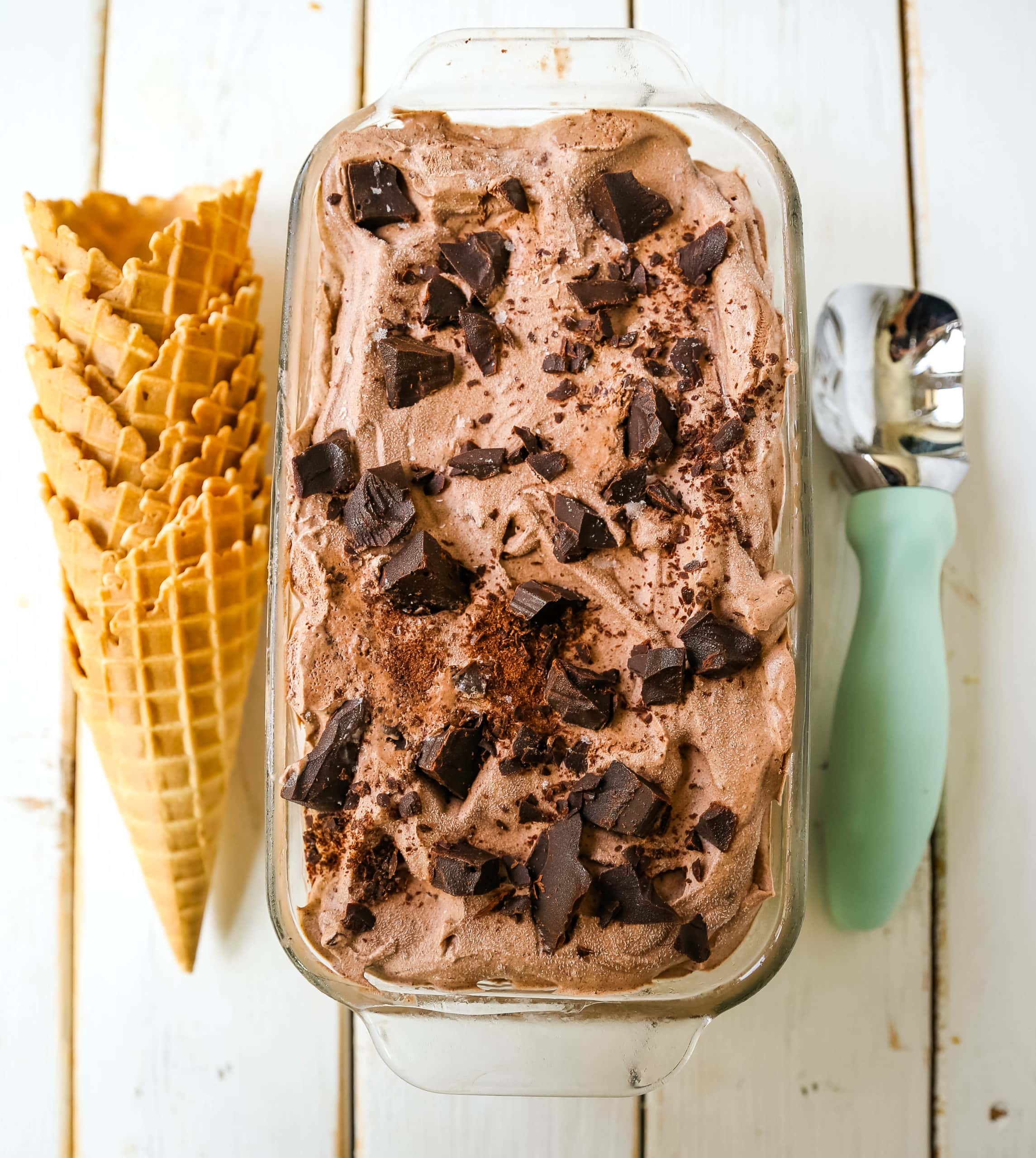 No-Churn Chocolate Chunk Ice Cream. How to make rich, creamy chocolate chunk ice cream at home without an ice cream maker! Homemade chocolate ice cream has never been easier! #icecream #nochurnicecream #chocolateicecream