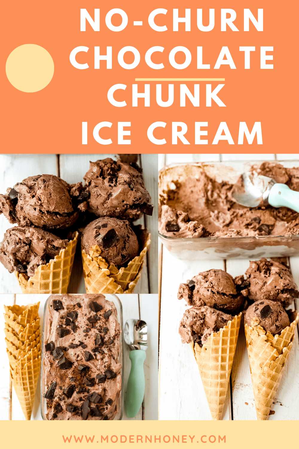 No-Churn Chocolate Chunk Ice Cream. How to make rich, creamy chocolate chunk ice cream at home without an ice cream maker! Homemade chocolate ice cream has never been easier! #icecream #nochurnicecream #chocolateicecream