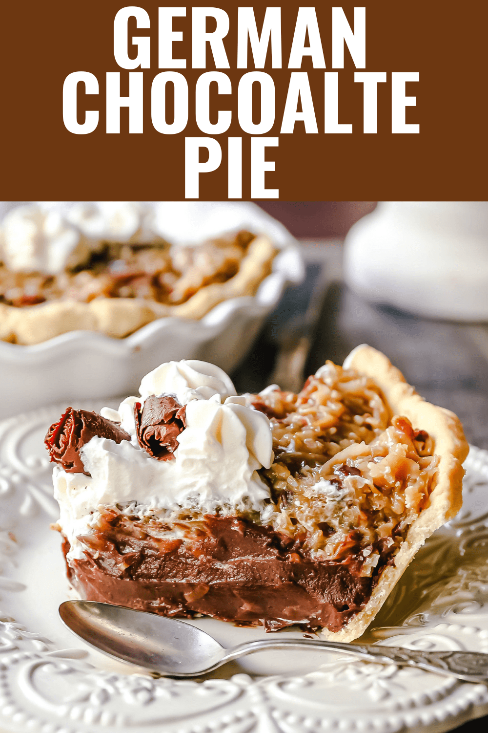 German Chocolate Pie. Creamy rich chocolate pie with a sticky German chocolate coconut-pecan topping and fresh whipped cream and chocolate shavings. www.modernhoney.com #pie #chocolatepie #germanchocolate 