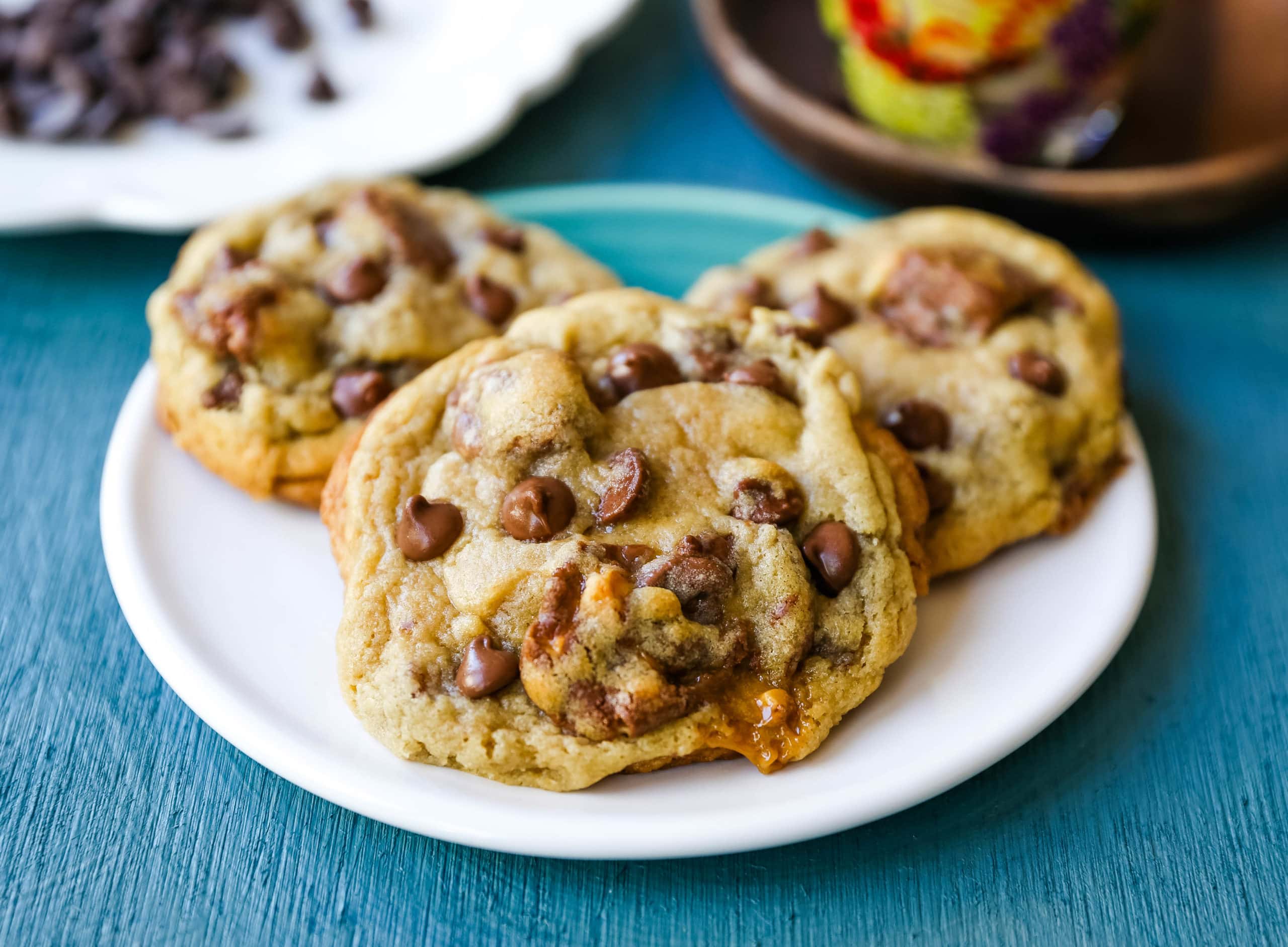 Snickers Chocolate Chip Cookies Soft, chewy chocolate chip cookies with Snickers candy bars baked in them. The perfect chocolate chip Snickers caramel bar cookies! 