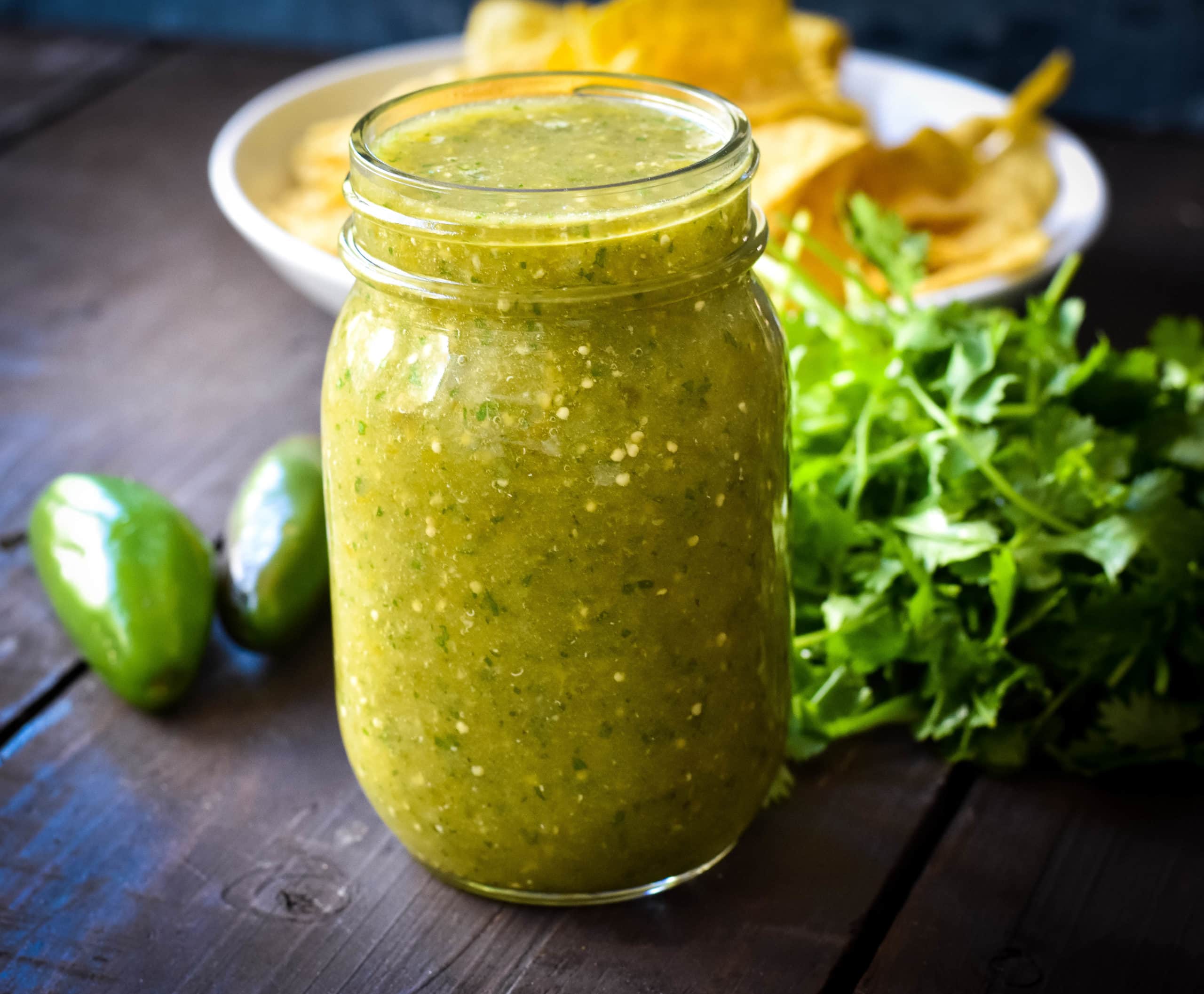 Sweet Salsa Verde (Green Salsa) The famous sweet and spicy green salsa is always popular with kids and grown-ups alike! How to make the best sweet salsa verde. www.modernhoney.com #salsaverde #greensalsa #salsa