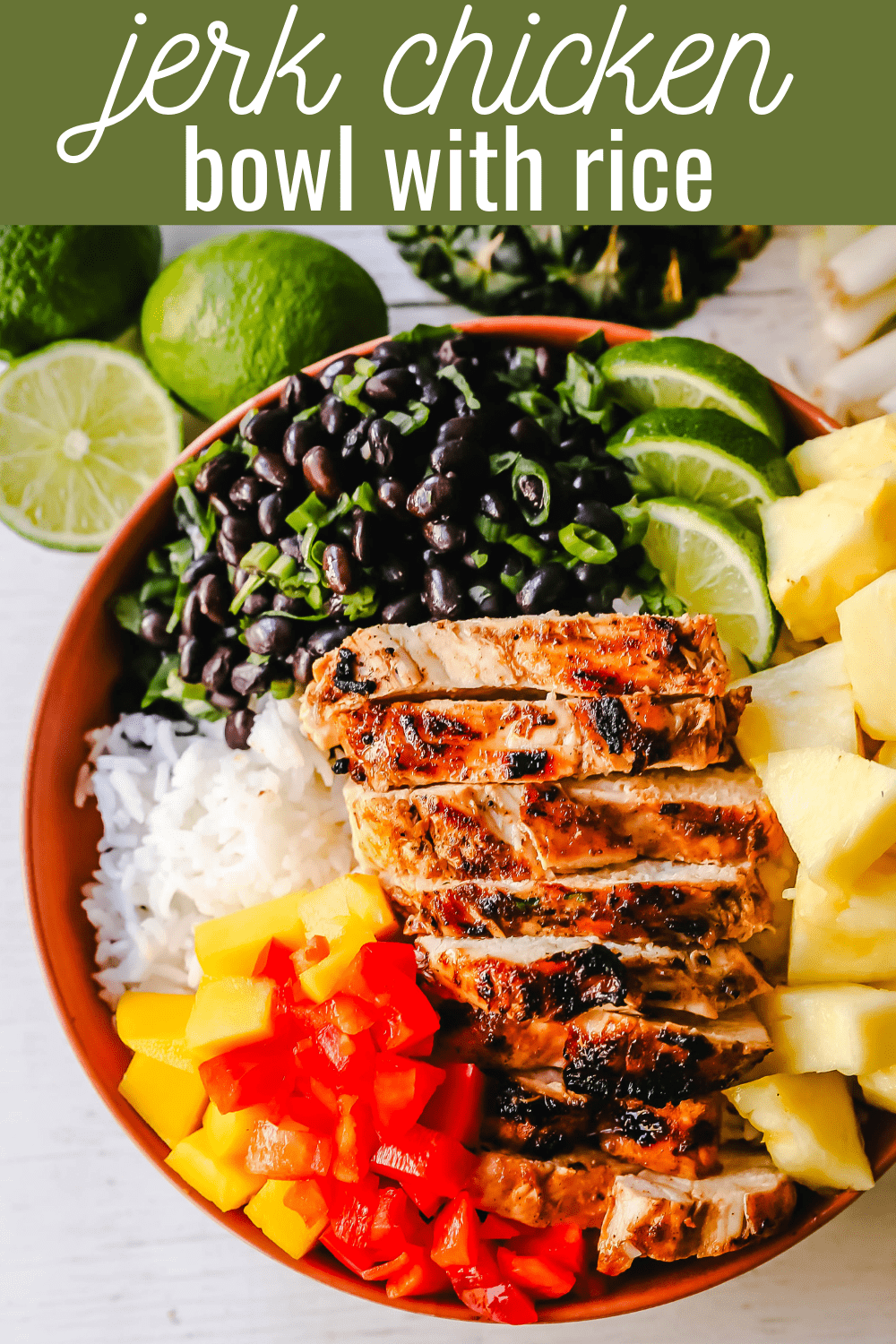 Jerk Chicken Bowl Jamaican spiced grilled Jerk Chicken with rice, black beans, cilantro, fresh pineapple and mango, and red peppers. www.modernhoney.com #jerkchicken #chicken #chickenbowl