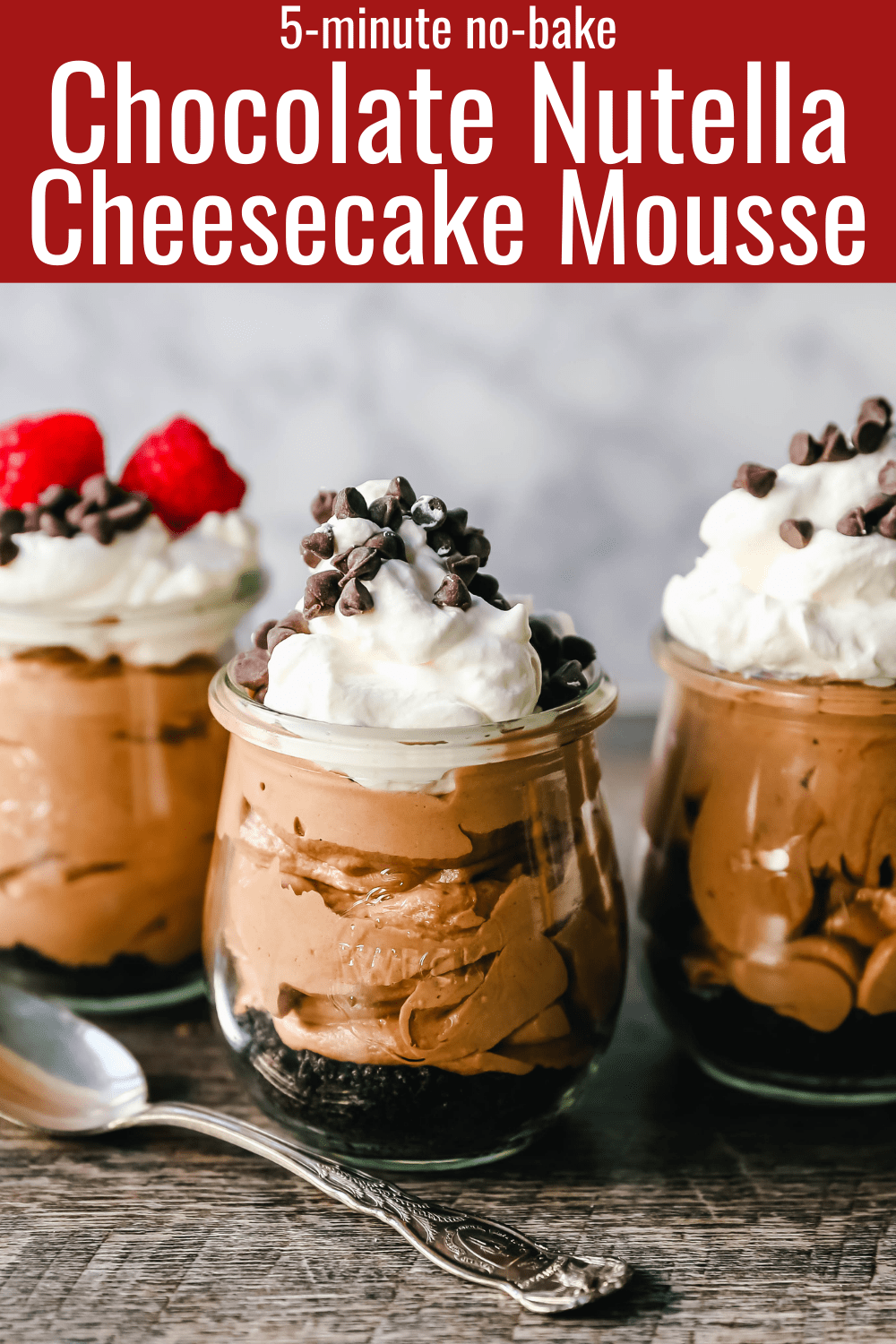 Chocolate Nutella Cheesecake Mousse No-Bake 5-Minute Chocolate Nutella Mousse made with only four ingredients -- Nutella, cream cheese, heavy cream, and powdered sugar.  www.modernhoney.com #mousse #chocolatemousse #dessert