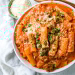 "Date Me" Creamy Sausage Rigatoni Pasta Homemade rich and creamy tomato cream and sausage sauce tossed with rigatoni and topped with parmesan cheese. The best creamy sausage rigatoni pasta! #pasta #dinner
