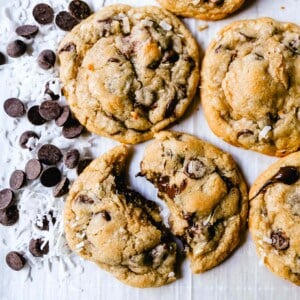 Chocolate Chip Coconut Cookies. Soft, chewy chocolate chip coconut cookies with semi-sweet chocolate and sweetened flaked coconut. The perfect chocolate coconut cookies! www.modernhoney.com #cookies #chocolate #chocolatechipcookie #chocolatechipcookies #chocolatechipcoconut