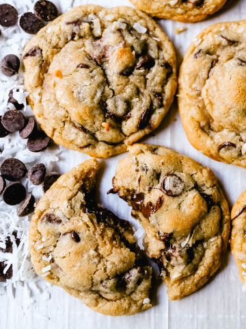 Chocolate Chip Coconut Cookies. Soft, chewy chocolate chip coconut cookies with semi-sweet chocolate and sweetened flaked coconut. The perfect chocolate coconut cookies! www.modernhoney.com #cookies #chocolate #chocolatechipcookie #chocolatechipcookies #chocolatechipcoconut