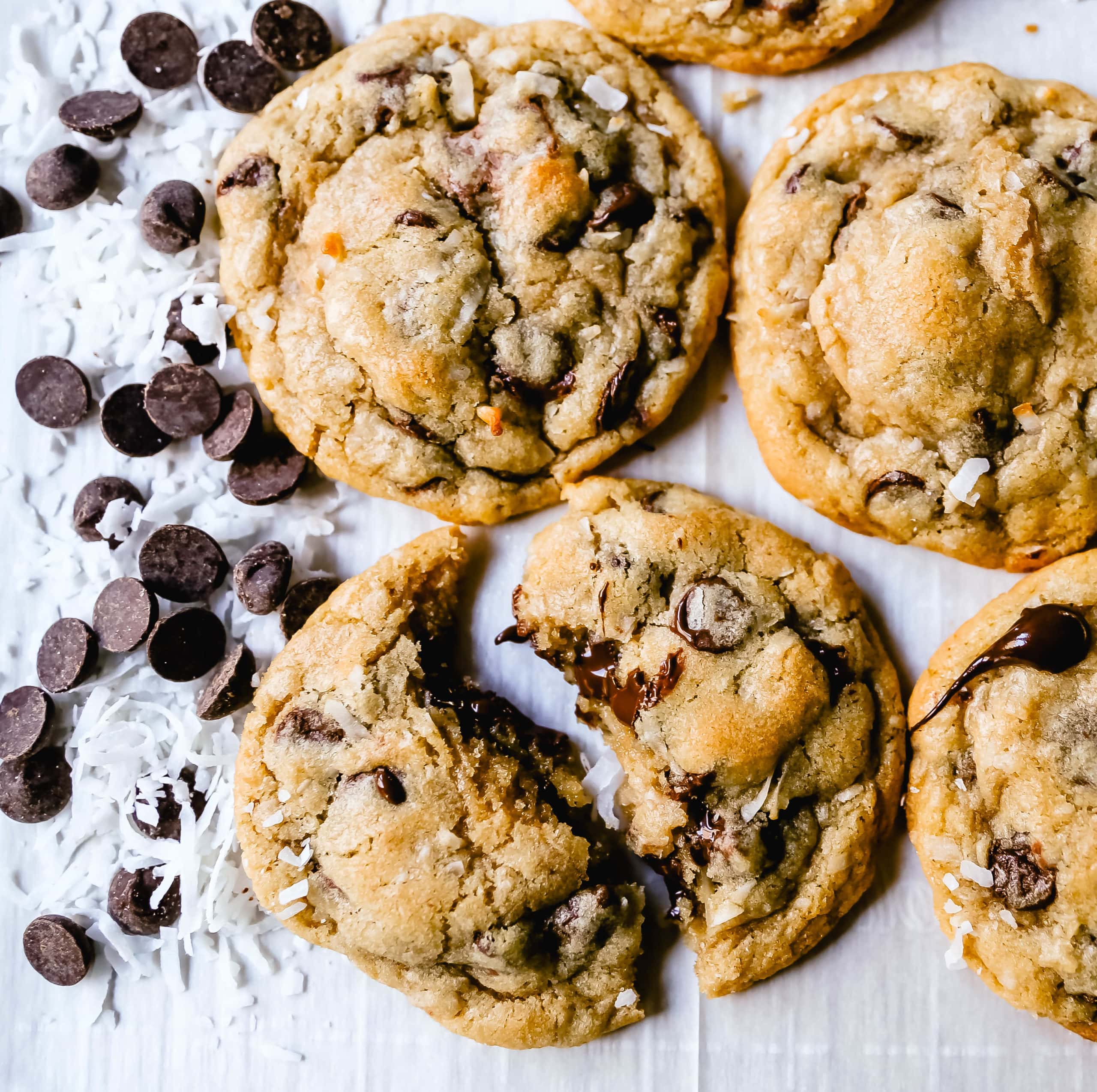 Chocolate Chip Coconut Cookies. Soft, chewy chocolate chip coconut cookies with semi-sweet chocolate and sweetened flaked coconut. The perfect chocolate coconut cookies! www.modernhoney.com #cookies #chocolate #chocolatechipcookie #chocolatechipcookies #chocolatechipcoconut 