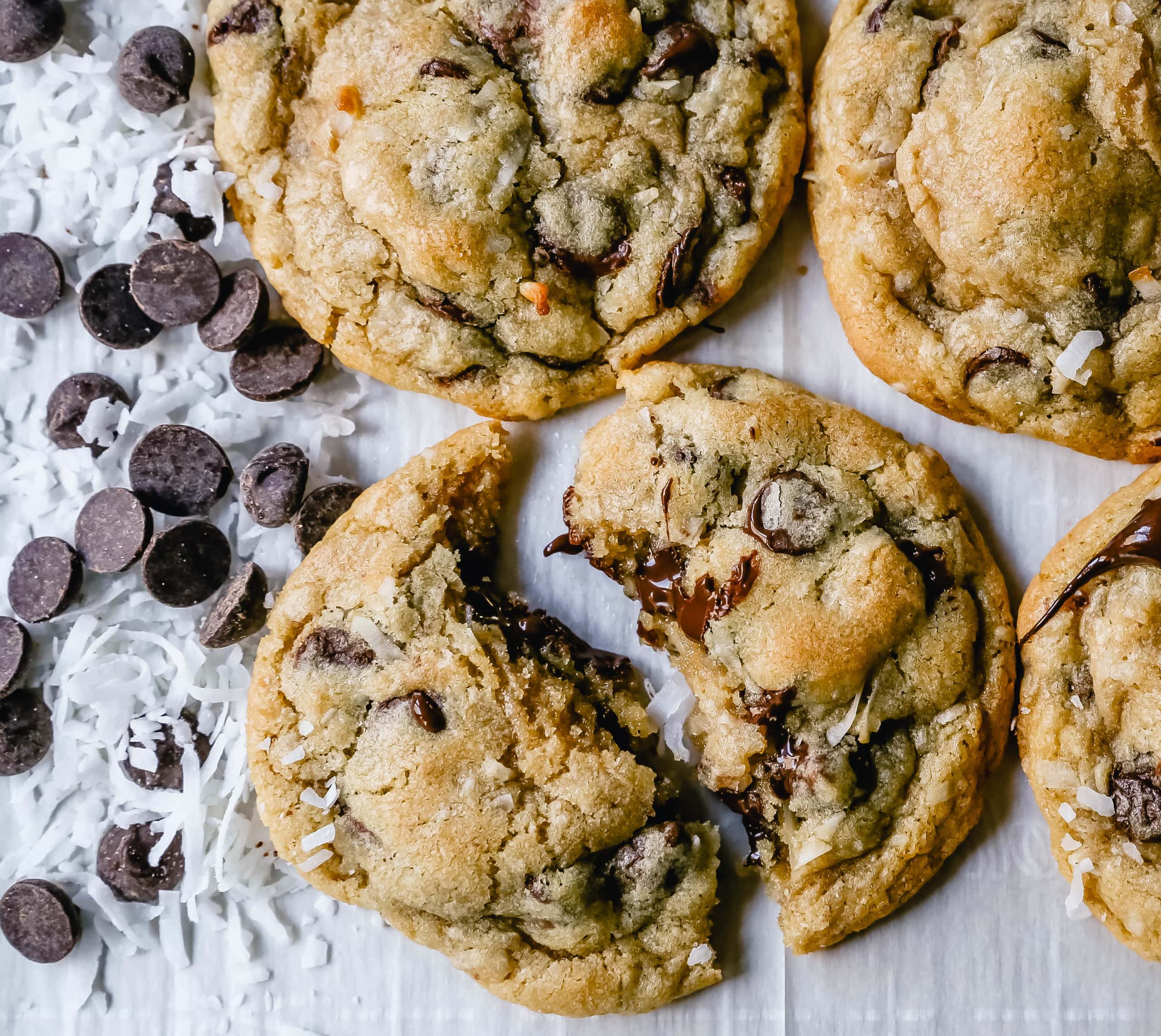 Chocolate Chip Coconut Cookies. Soft, chewy chocolate chip coconut cookies with semi-sweet chocolate and sweetened flaked coconut. The perfect chocolate coconut cookies! www.modernhoney.com #cookies #chocolate #chocolatechipcookie #chocolatechipcookies #chocolatechipcoconut 