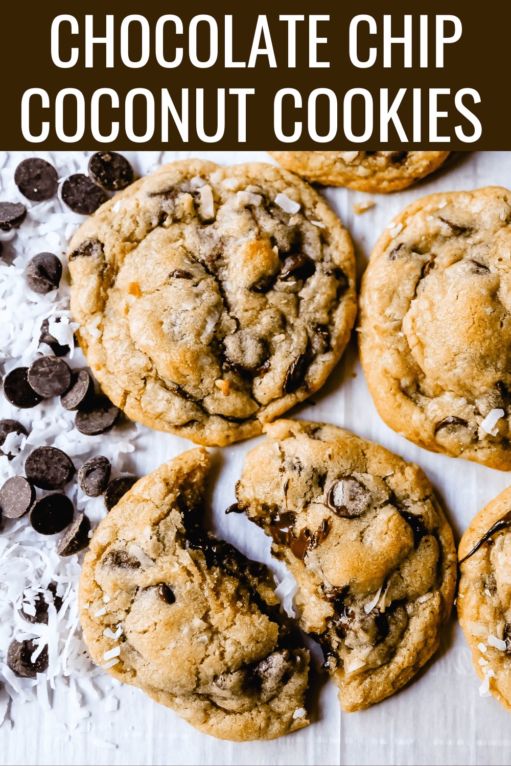 Chocolate Chip Coconut Cookies. Soft, chewy chocolate chip coconut cookies with semi-sweet chocolate and sweetened flaked coconut. The perfect chocolate coconut cookies! www.modernhoney.com #cookies #chocolate #chocolatechipcookie #chocolatechipcookies #chocolatechipcoconut 