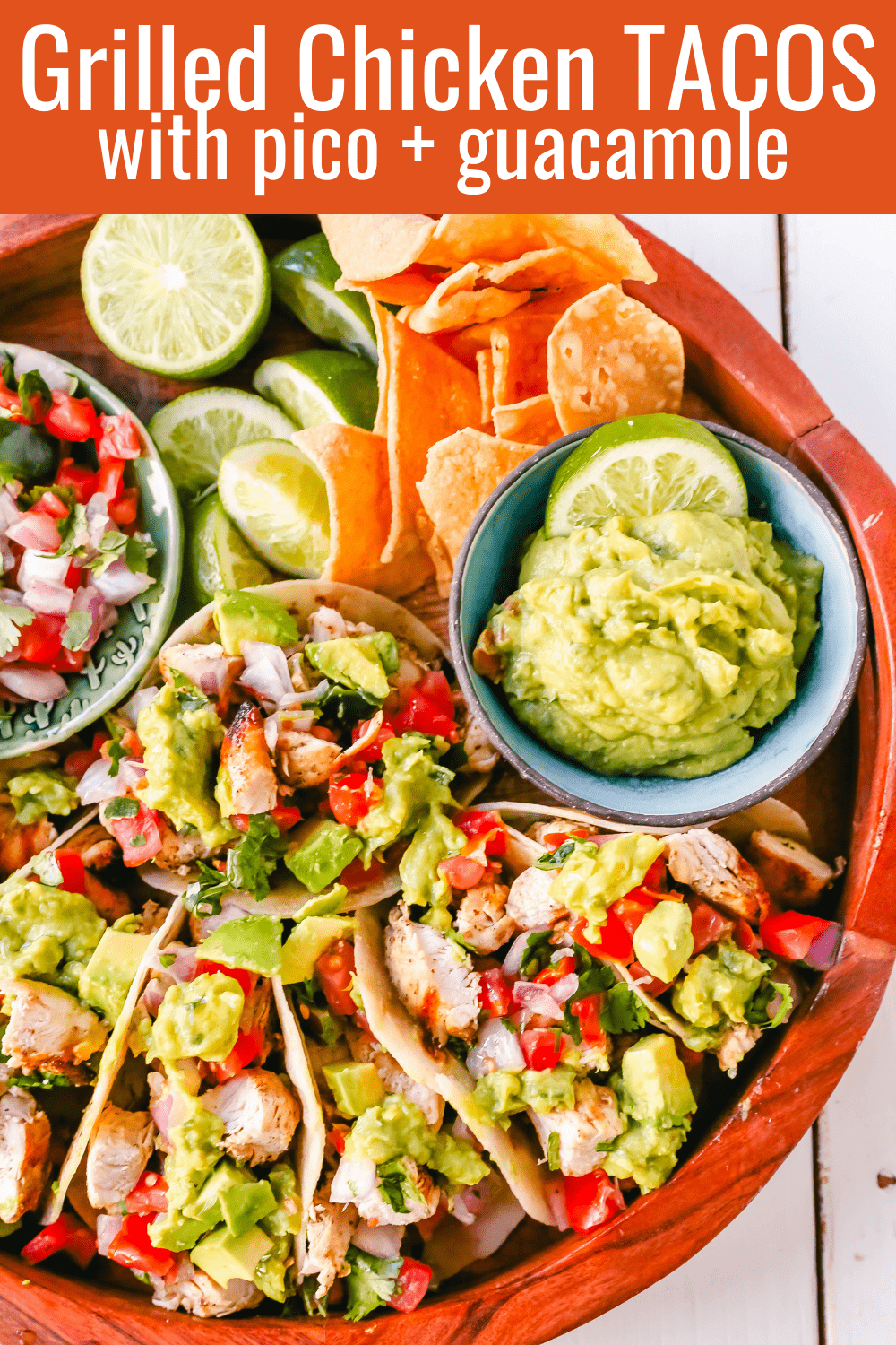 Grilled Chicken Tacos with Guacamole. Marinated grilled chicken with fresh lime and Mexican spices topped with pico de gallo and fresh guacamole. The best grilled chicken tacos! www.modernhoney.com #tacos #tacotuesday #chickentacos