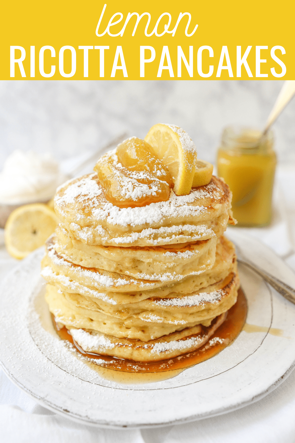 Lemon Ricotta Pancakes Creamy, fluffy lemon ricotta pancakes made with fresh ricotta, buttermilk, fresh lemon zest, and juice. A mix between a pancake and a crepe with a melt-in-your-mouth soft texture. www.modernhoney.com #pancakes #lemonricottapancakes #brunch #breakfast