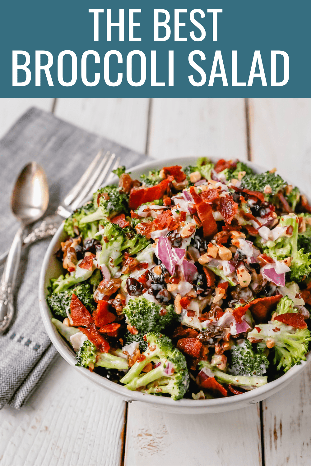 Broccoli Salad. Crunchy broccoli salad with crispy bacon, sweet dried cranberries, onion, nuts, tossed in a sweet and tangy dressing. A classic potluck side dish recipe! www.modernhoney.com #broccolisalad #sidedish #potluck #sides