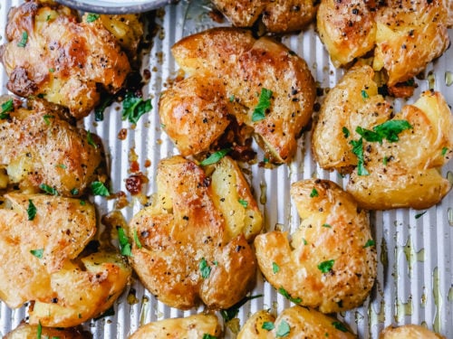 Crispy Smashed Potatoes with Pickles and Gin-Spiked Sour Cream