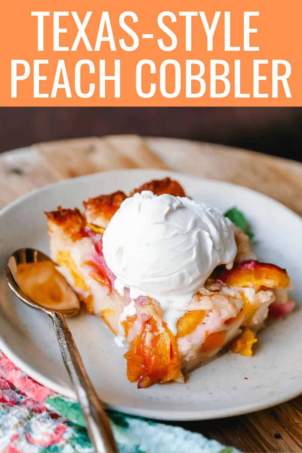 Texas Style Peach Cobbler. Fresh peaches sweetened with sugar and topped with a creamy buttery cake-like topping. A Texas favorite dessert!  #peaches #peachdessert #peachcobbler