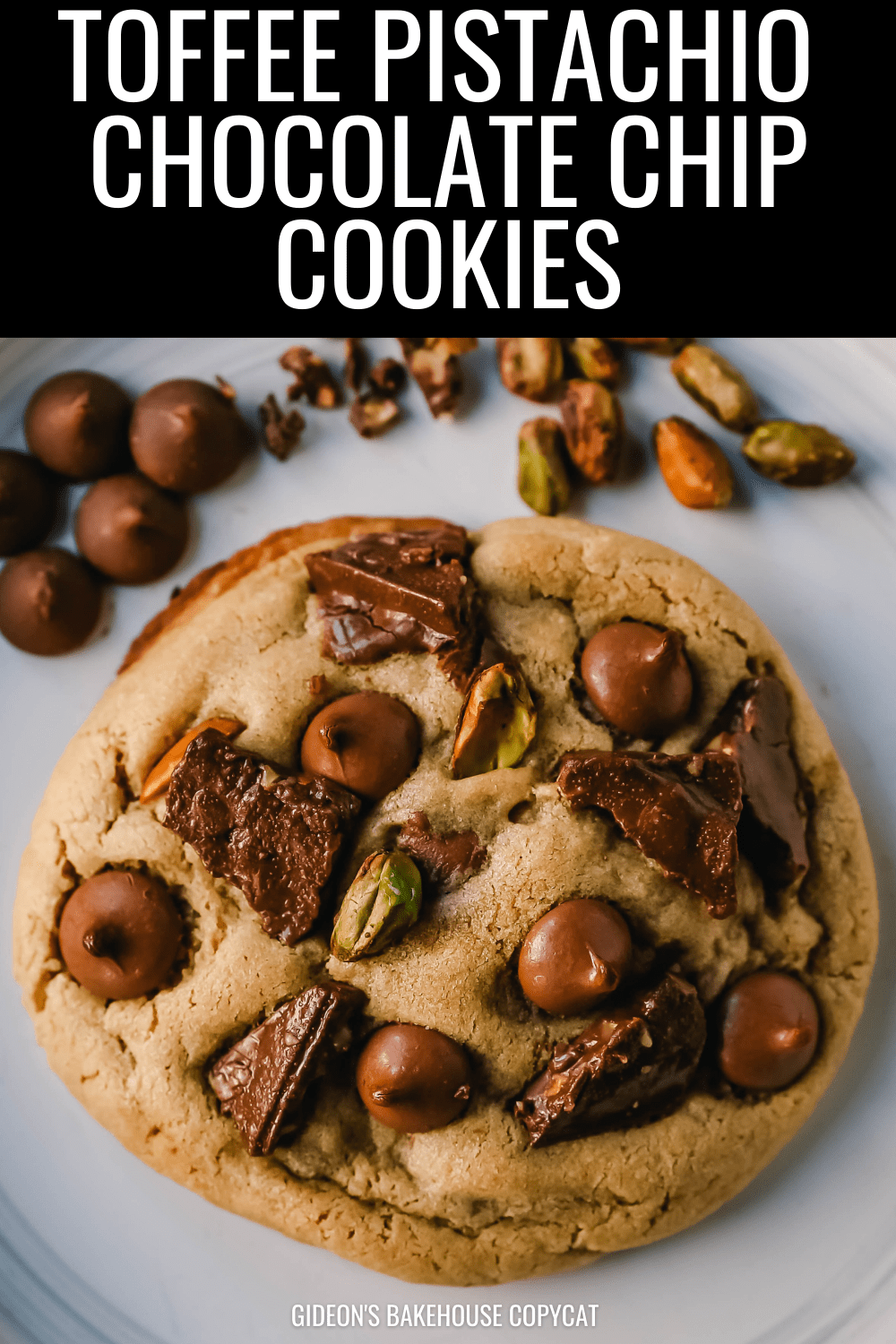 Pistachio Toffee Chocolate Chip Cookies Thick, chewy bakery-style cookies with milk chocolate toffee, pistachios, and milk chocolate chips. A sweet and salty cookie!