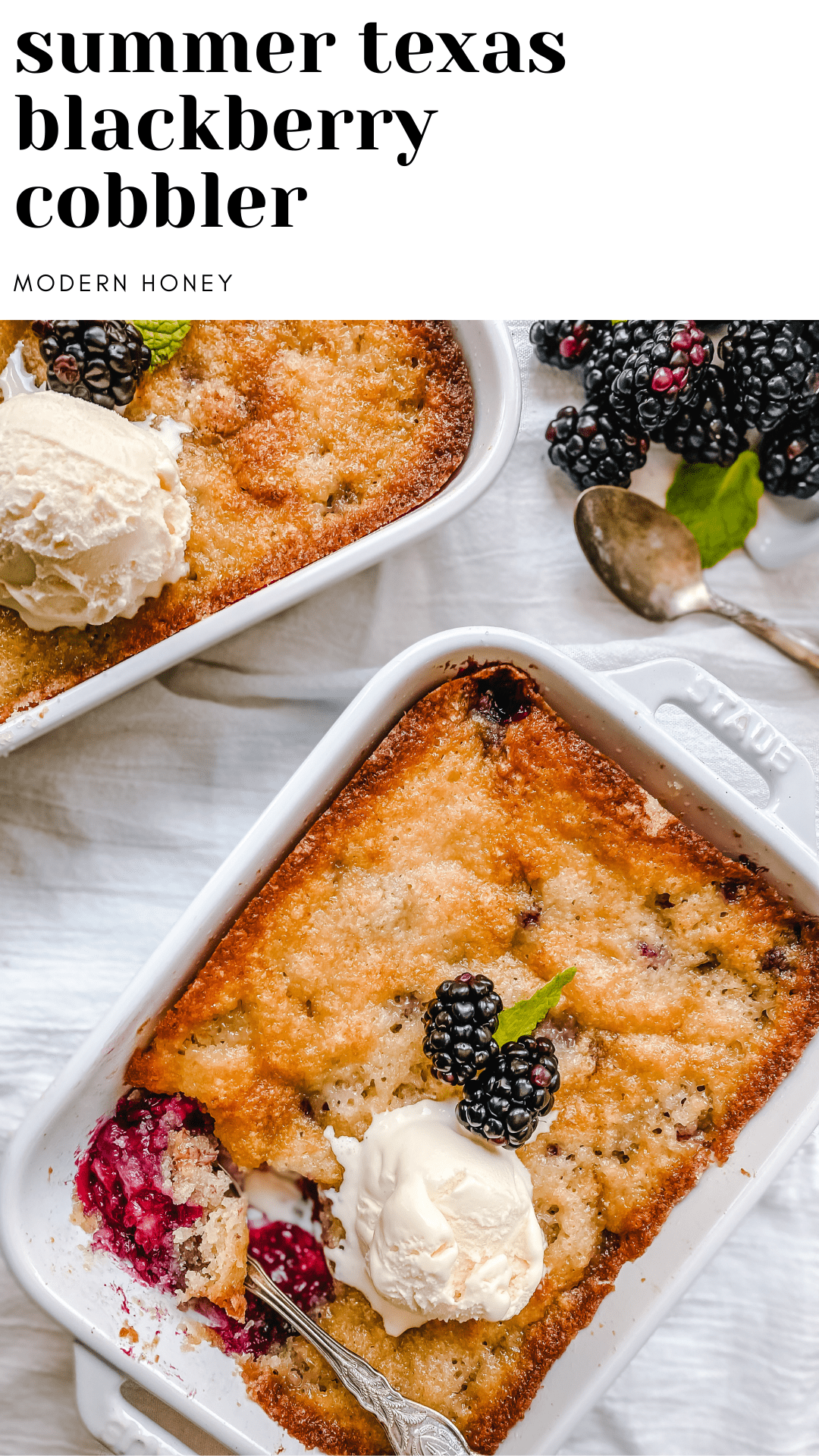 Blackberry Cobbler. A Texas favorite! This Blackberry Cobbler is made with a sweet, buttery crust with fresh sweetened blackberries and topped with vanilla bean ice cream. The perfect summer dessert recipe!