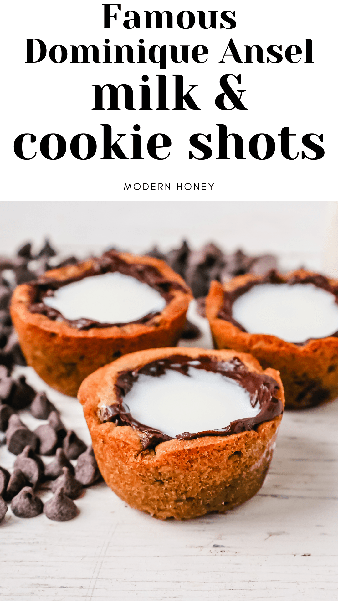 Milk and Cookie Shots The famous Milk and Cookie Shots were made famous at New York City Dominique Ansel Bakery. This soft chocolate chip cookie is shaped into a shot, baked until warm and gooey, lined with chocolate, and served with milk inside. If you love cookies and milk, this is the dessert for you!