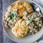 Homemade Biscuits and Gravy Buttery, flaky homemade biscuits topped with a creamy, savory sausage gravy. The best biscuits and gravy recipe!