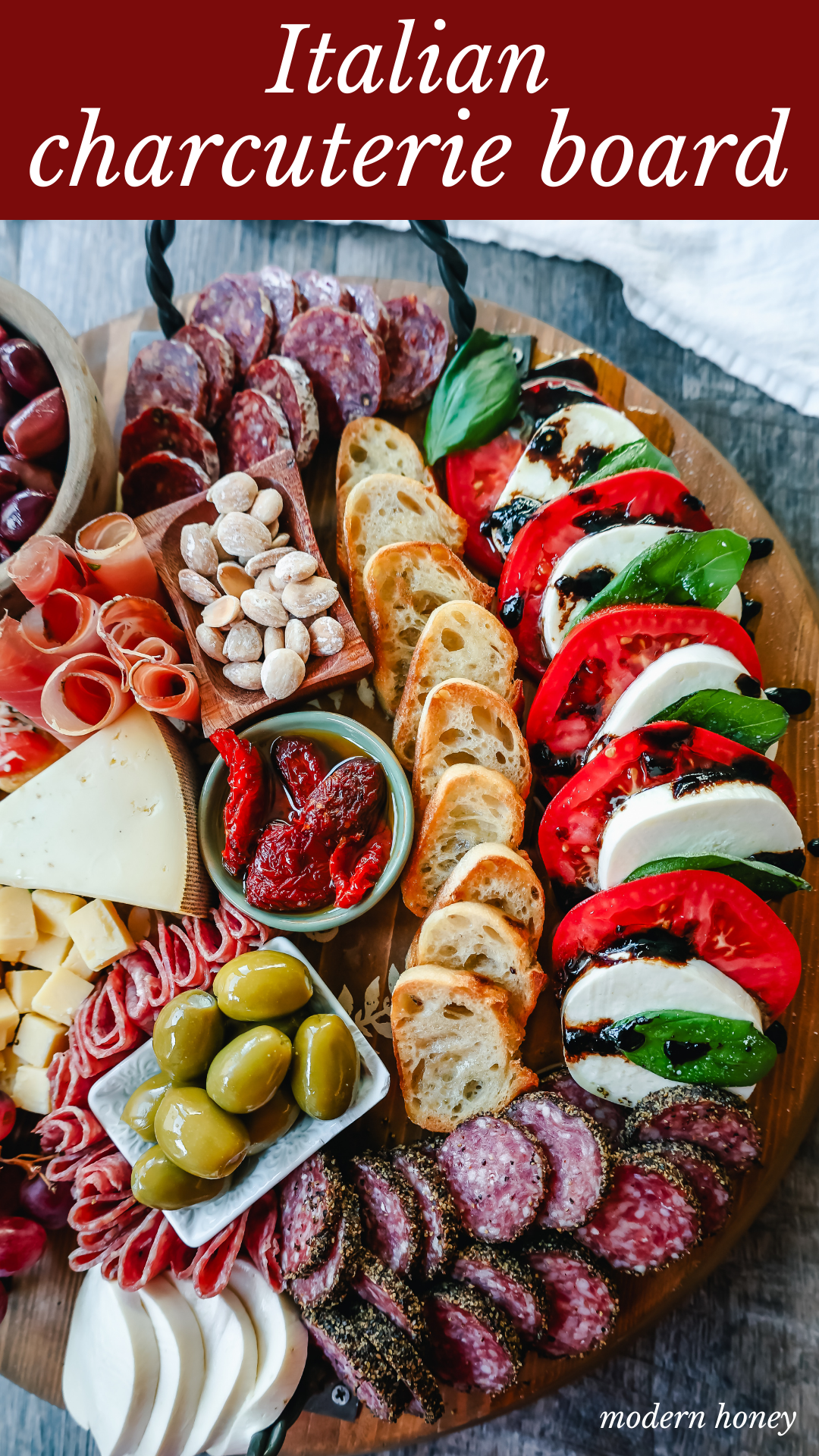 Italian Charcuterie Board. A beautiful Italian Charcuterie board filled with Italian meats and cheeses and paired with sauces, fruits, and vegetables. Perfect to pair with your Italian meal.