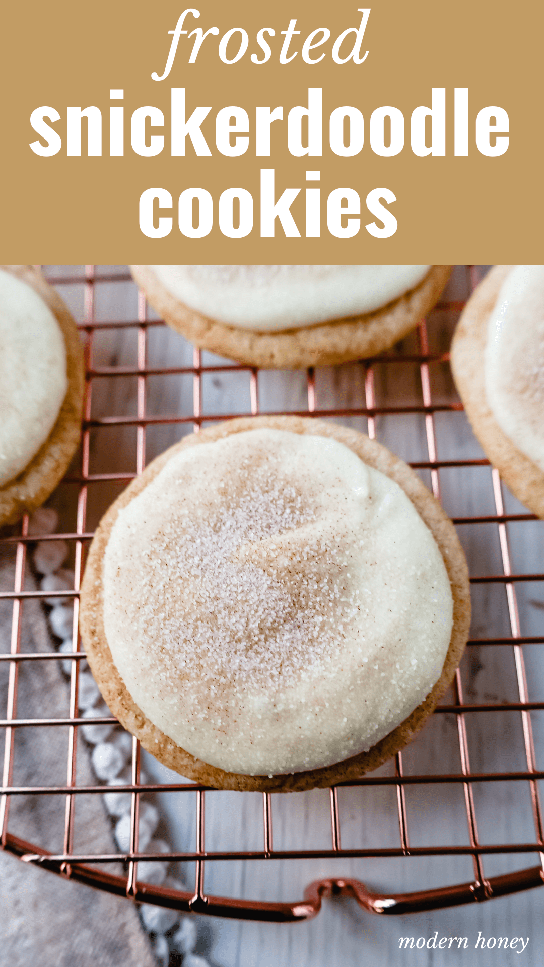 Frosted Snickerdoodle Cookies Soft, chewy cinnamon sugar snickerdoodle cookies topped with a sweet buttery cream cheese frosting and topped with a sprinkle of cinnamon sugar.